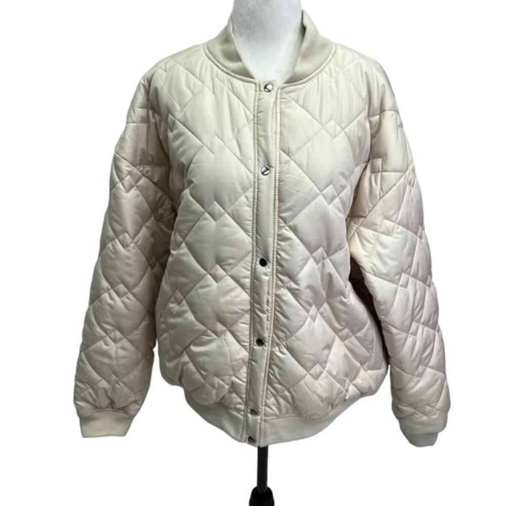 Missguided Beige Puffer Bomber Jacket Snap Closure Size 8